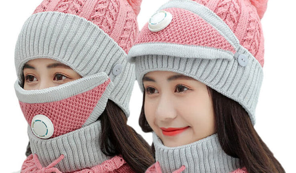 3 Pcs Beanie Wool Cap For Women (Pink & Grey)